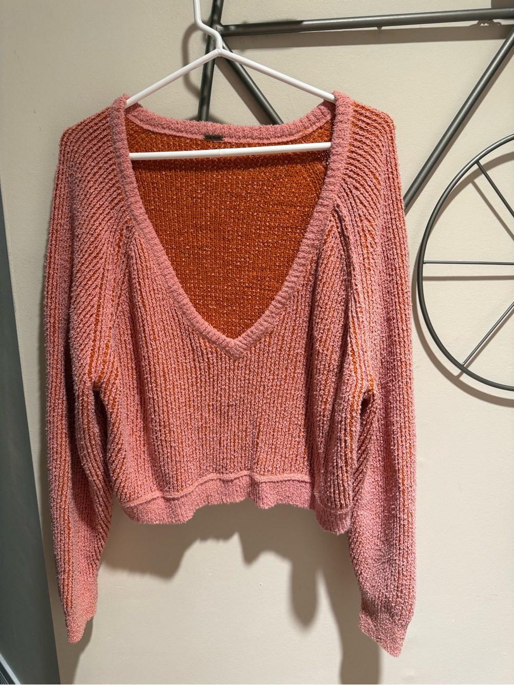 Free People Cropped Deep V-Neck Knit Sweater Pink Rust Terracotta Textured Boxy